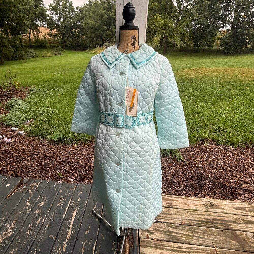 NWT Vintage 60s 70s Sears Quilted Robe Light Blue Housecoat Mod Size 14